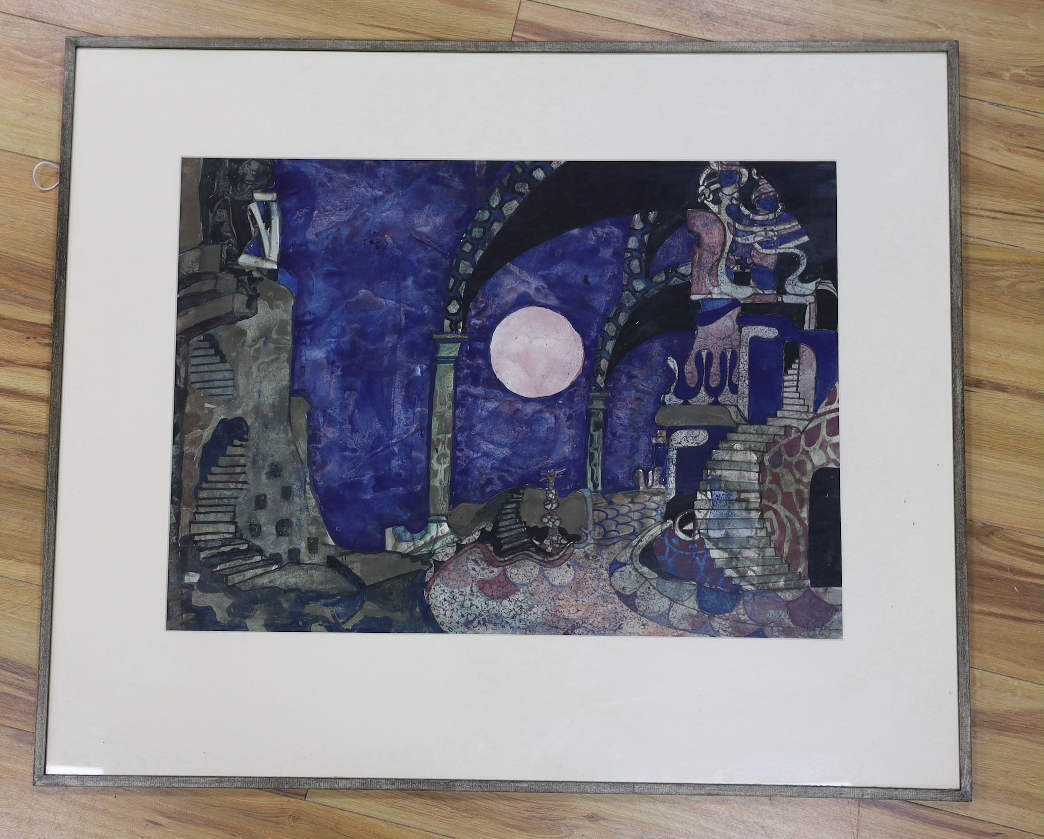 Peter Docherty, mixed media, Stage set design, signed and dated '69, 55 x 75cm